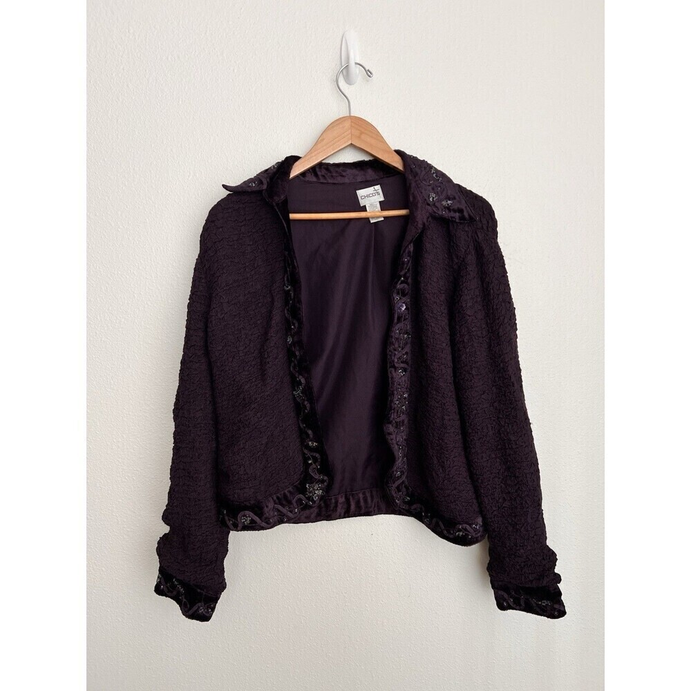 Chico’s Blazer Jacket Size 1 M Crinkled Velvet Floral Beaded Whimsy Goth Witch